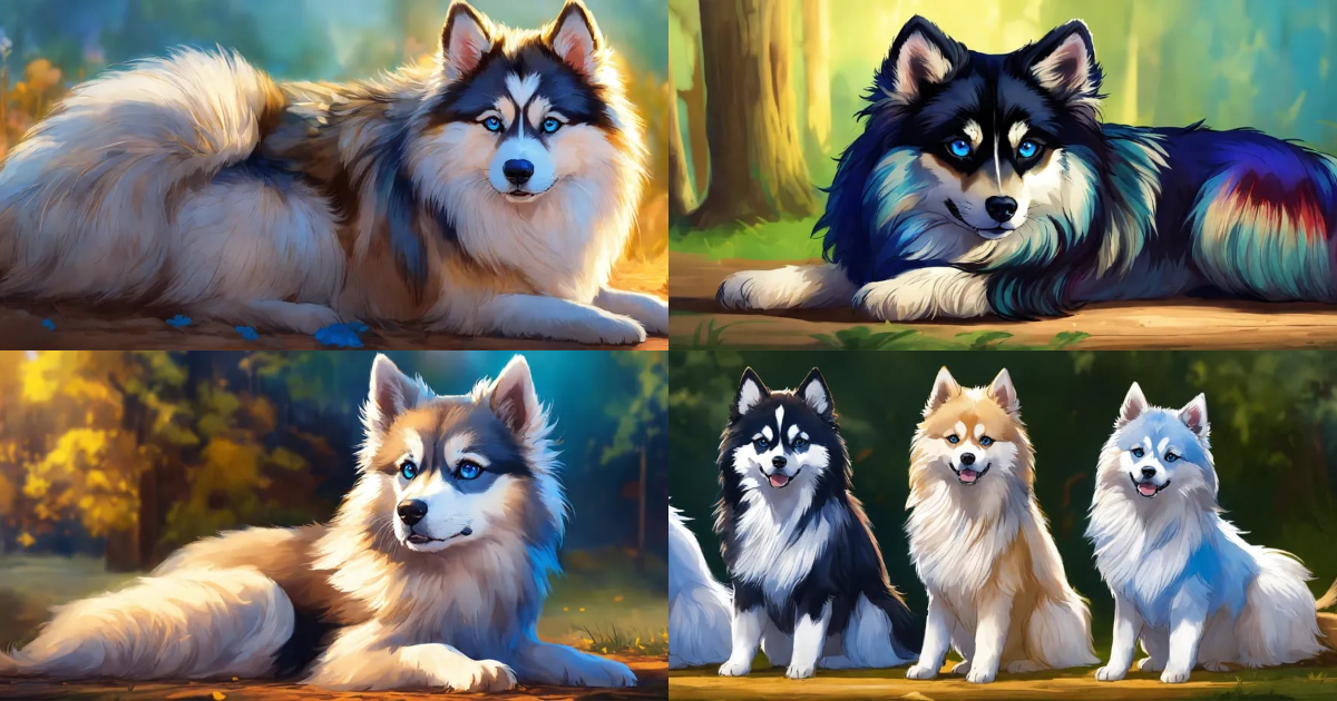 Lexica - A full body image of a pomsky with long hair and blue eyes ...