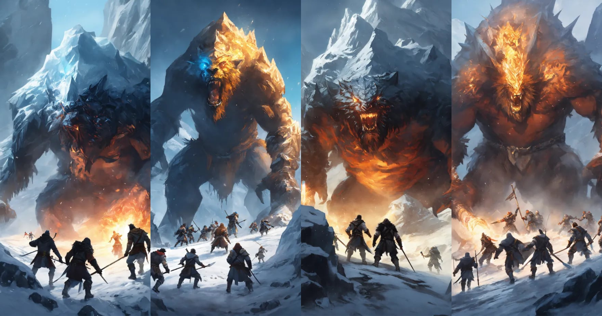 Lexica - A group of adventurers fighting a giant in a icy mountain ...