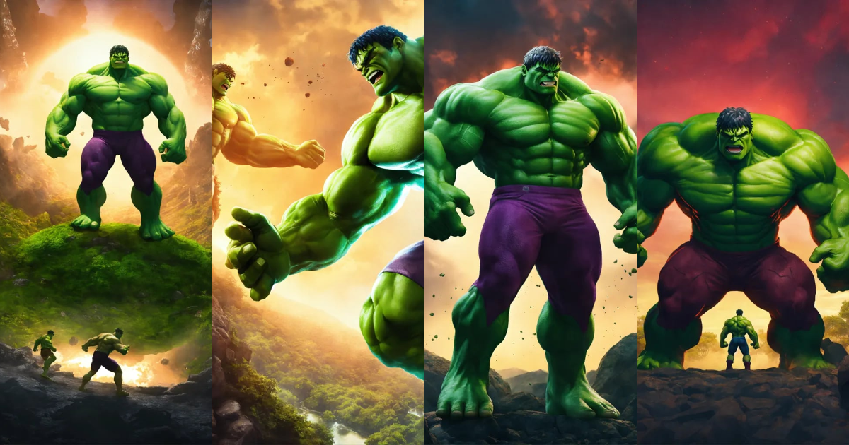 Lexica - Hulk meets Hulk in the multiverse, nature background, 2D render