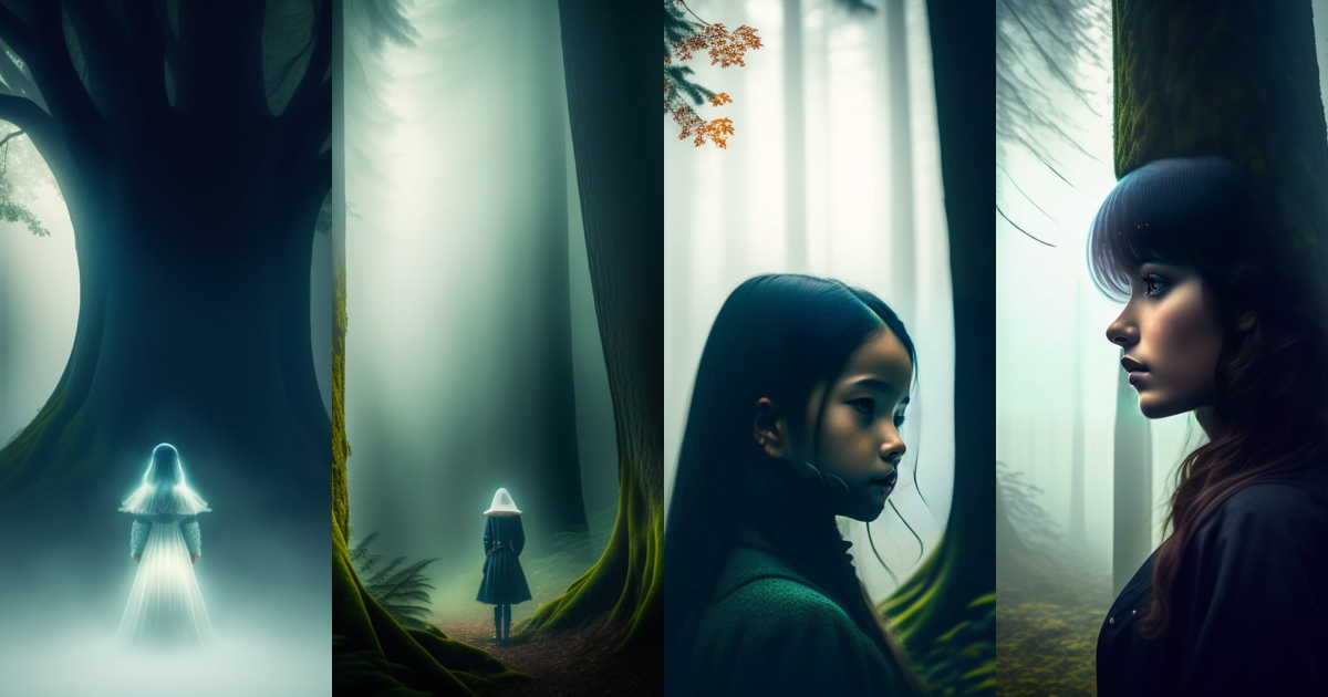 Lexica - Ghostly girl peeking from behind a tree in a dark foggy forest