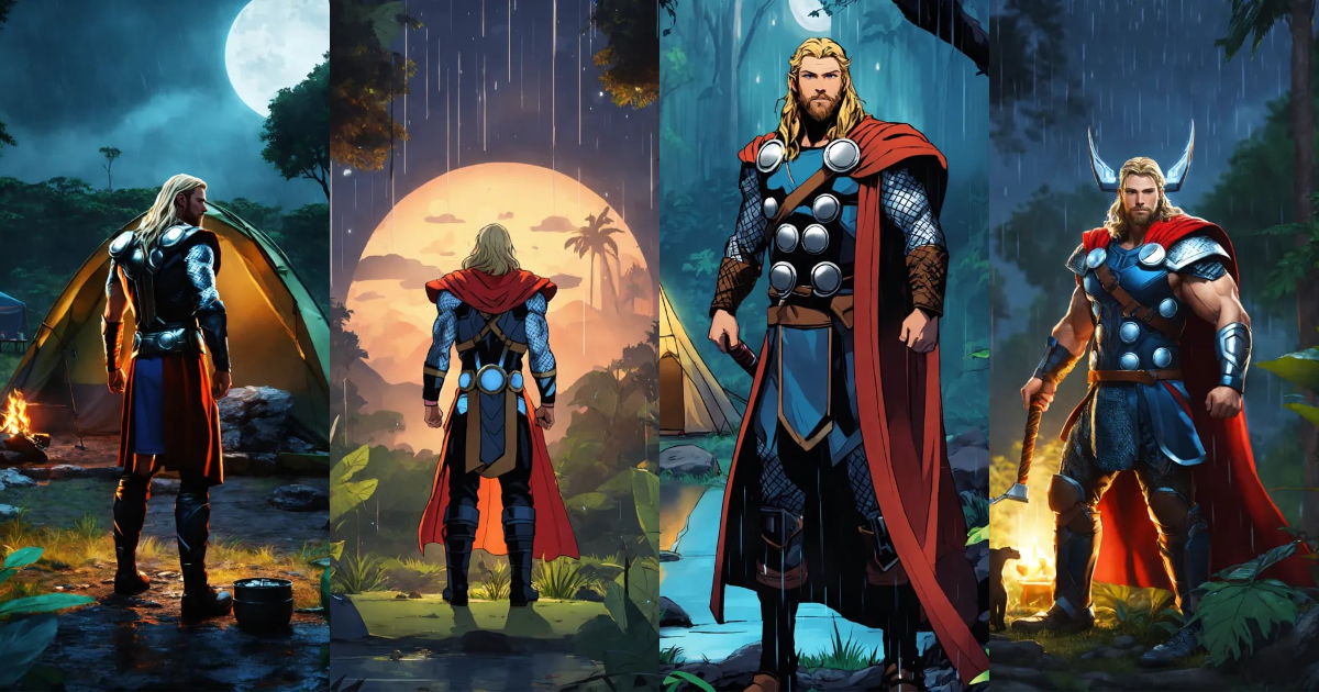 Lexica - Thor camping on a rainy day in the jungle at night, nature ...