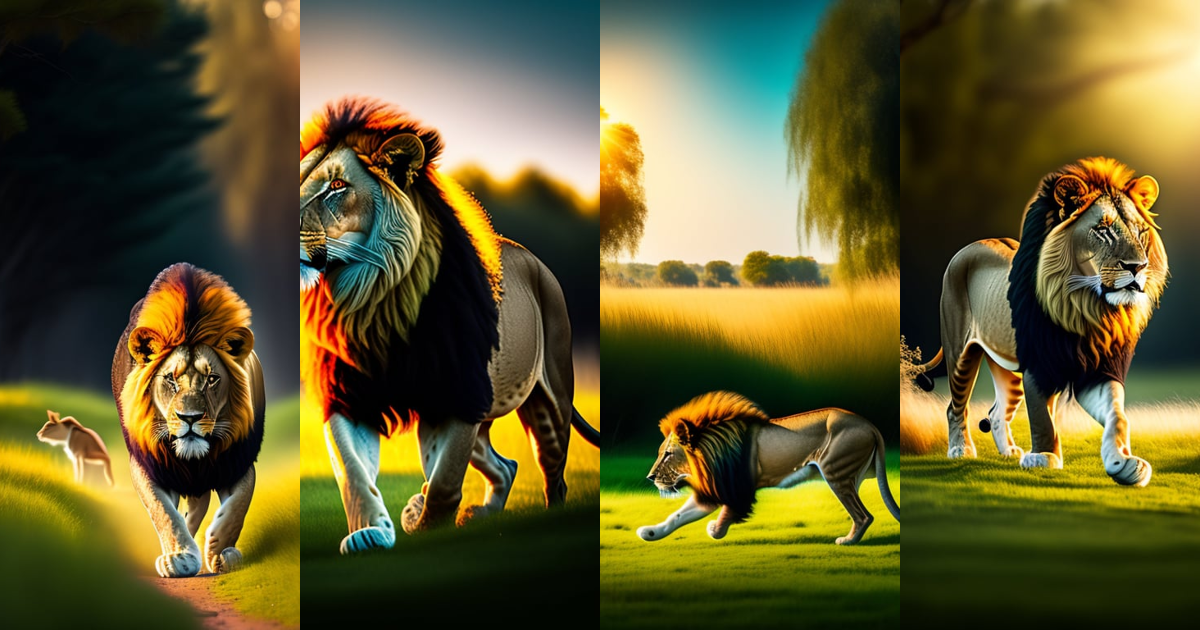 Lexica - Lion chasing a rabbit in grass vegetation with some trees in ...