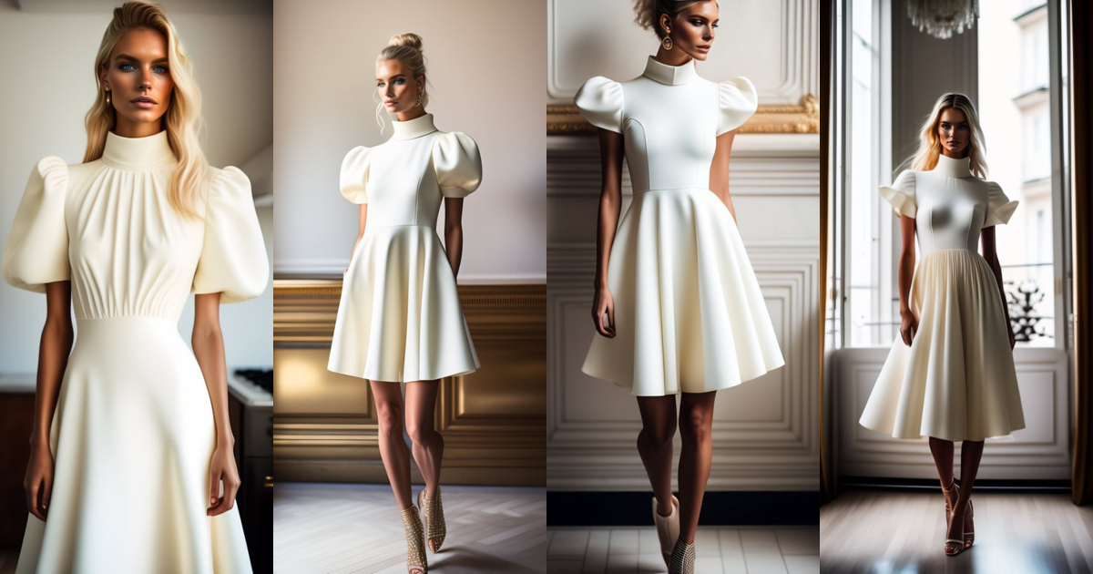 Lexica - Blond fashion model wearing a up the knee short wedding dress ...