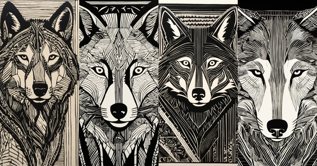 Lexica - Linocut, art drawing abstract wolf, bold lines, black and white