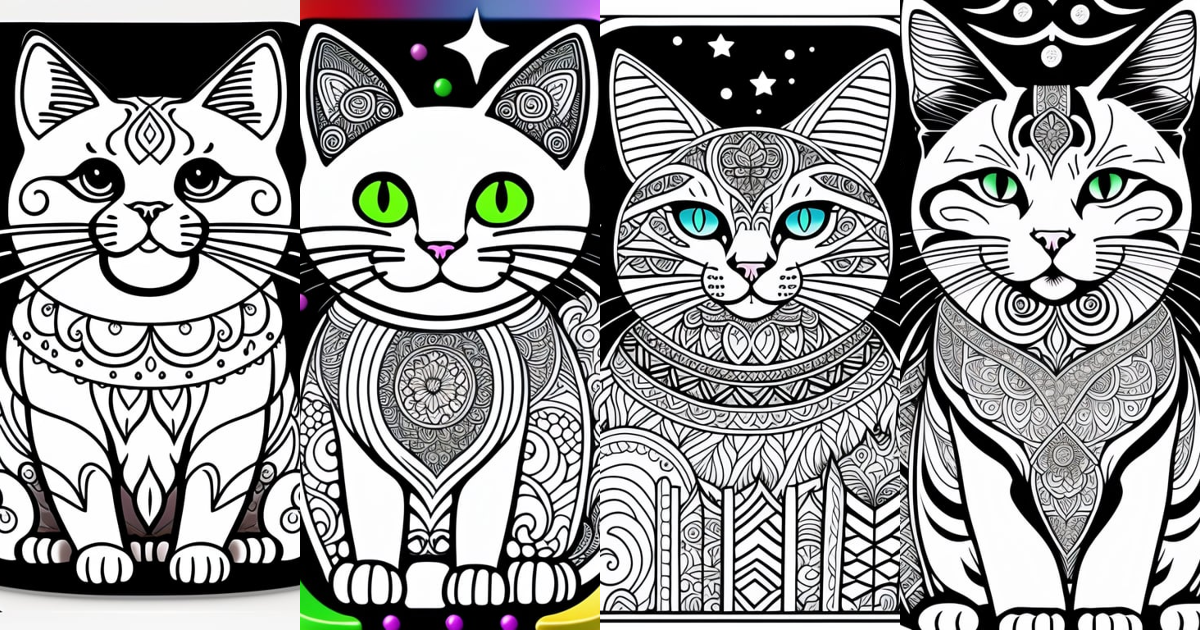 Lexica - Cat style coloring book for kids , outline art, drawing, sketch,  b&w, not overcrowded