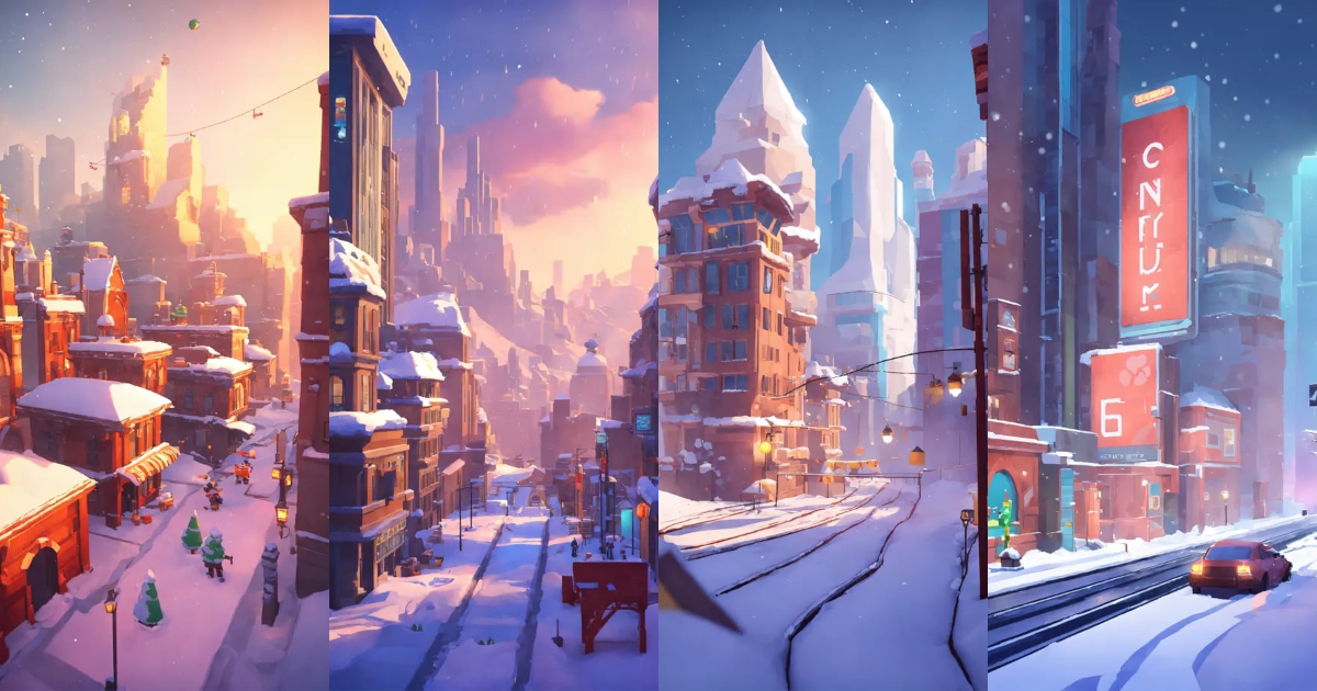 Lexica - Snowy metropolis, 3d platformer game, low poly, concept art