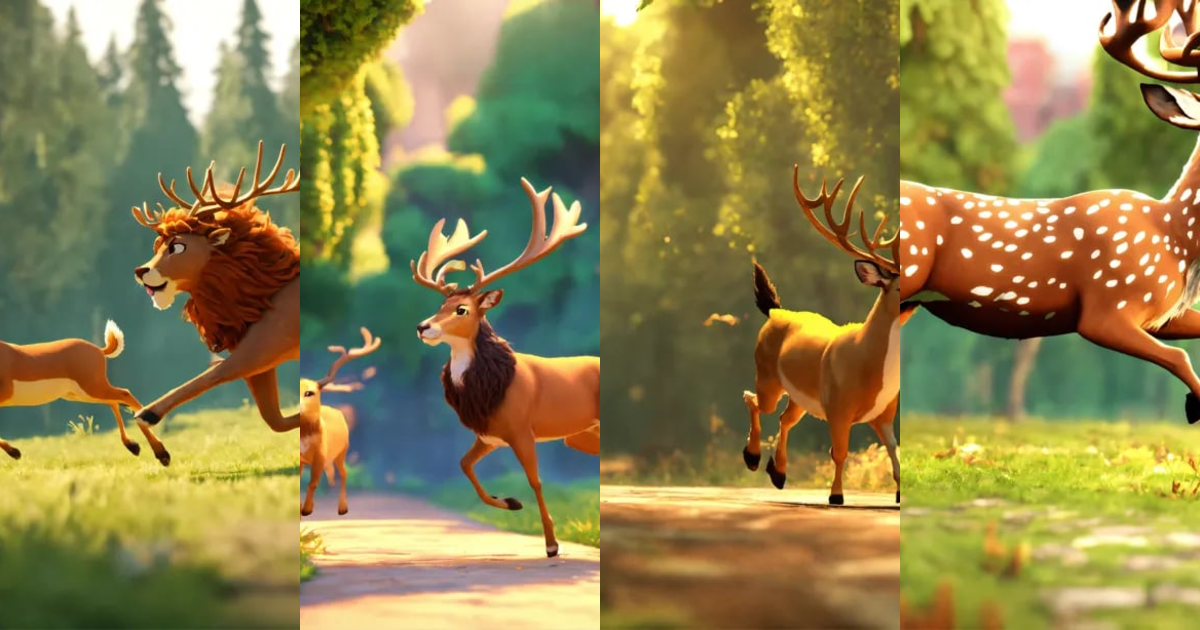 Lexica - 3d animation style cartoon deer running ahead behind it lion ...
