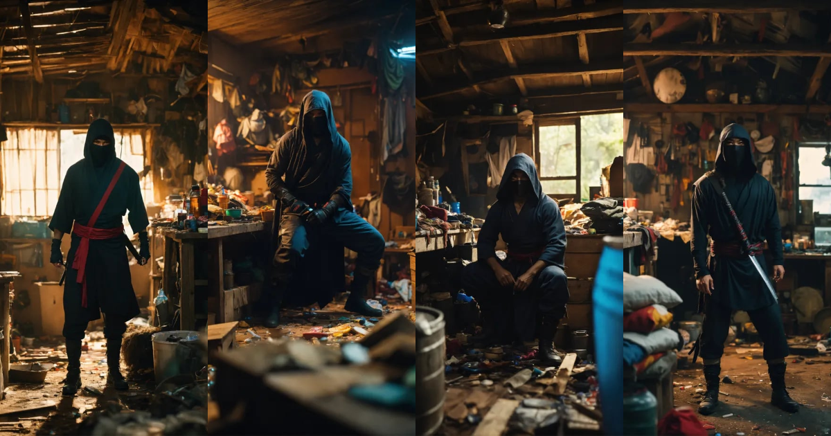Lexica - Wide angle Environmental shot of ninja assassin in a cluttered ...
