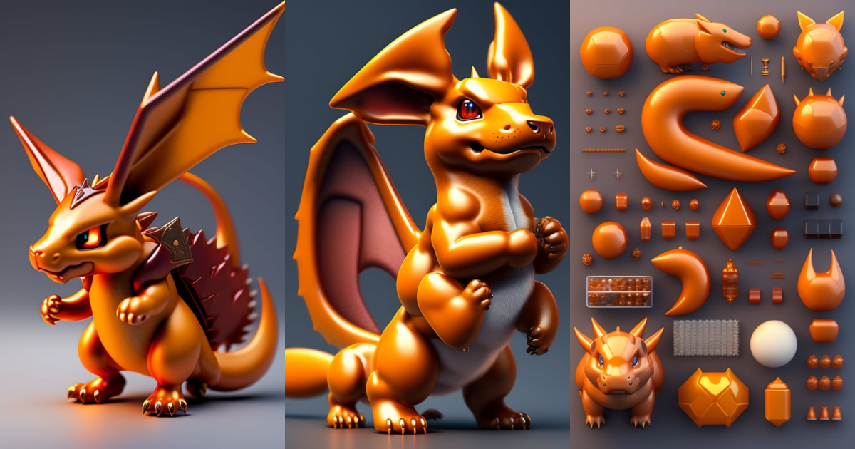 Lexica - Charizard , Knolling, Deconstruction body parts, pokeballs ...