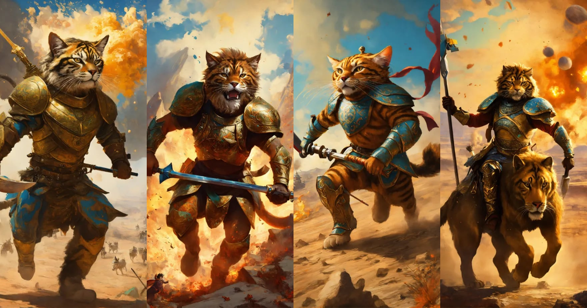 Lexica - A battle cat wearing armor, running across a battlefield ...