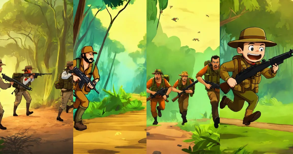 Lexica - Cartoon scare men hunters are running in jungle