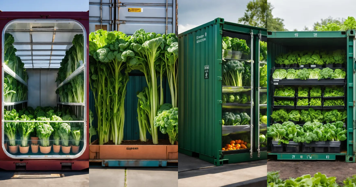 Lexica Glass shipping container with and green vegetables growing out of the top
