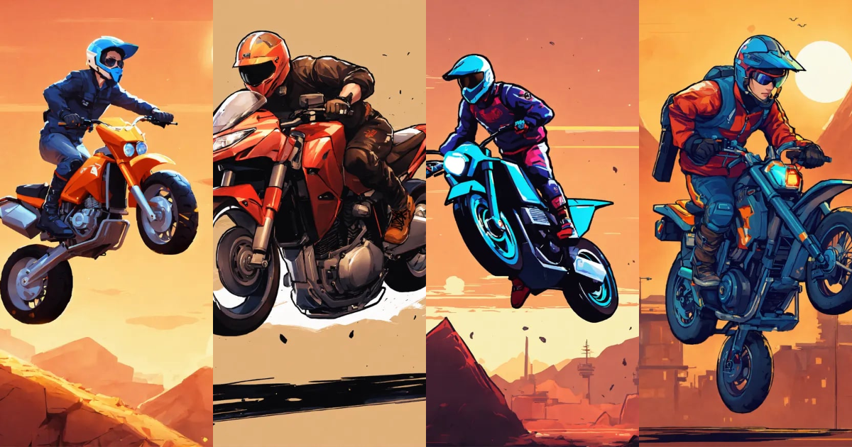 Lexica 2d game, heavy bike, jump stunt, guy riding,icon, clear background