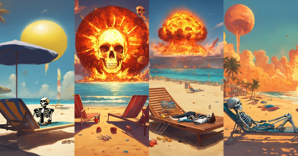 Lexica - Beach, a skeleton lies on a sun lounger, a large nuclear ...
