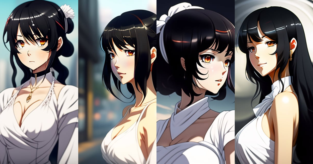 Lexica - Anime style, woman standing facing away from camera, black hair,  wearing a white dress