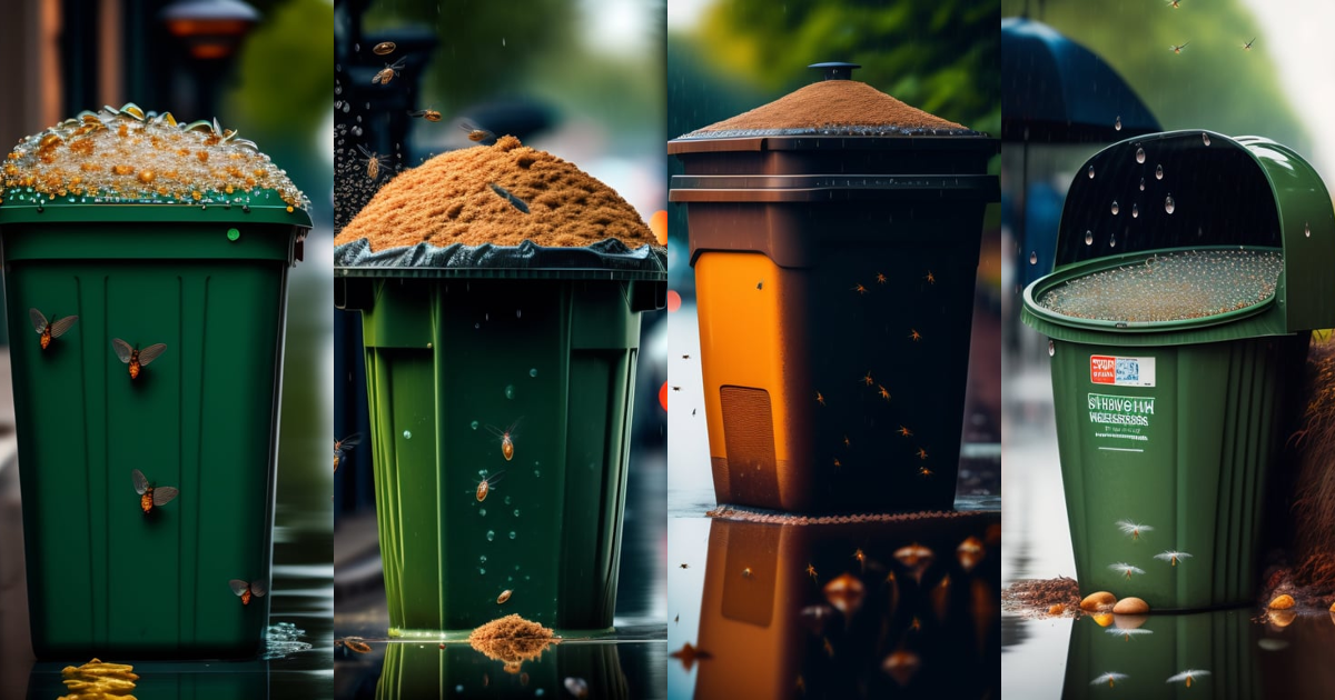 Lexica - A photograph of an overflowing garbage can with flies on a ...
