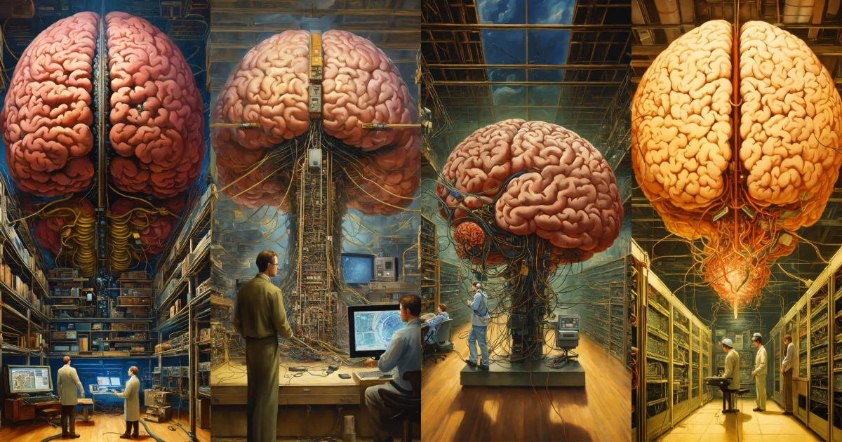 Lexica - In the center of the room, a colossal human brain is ...