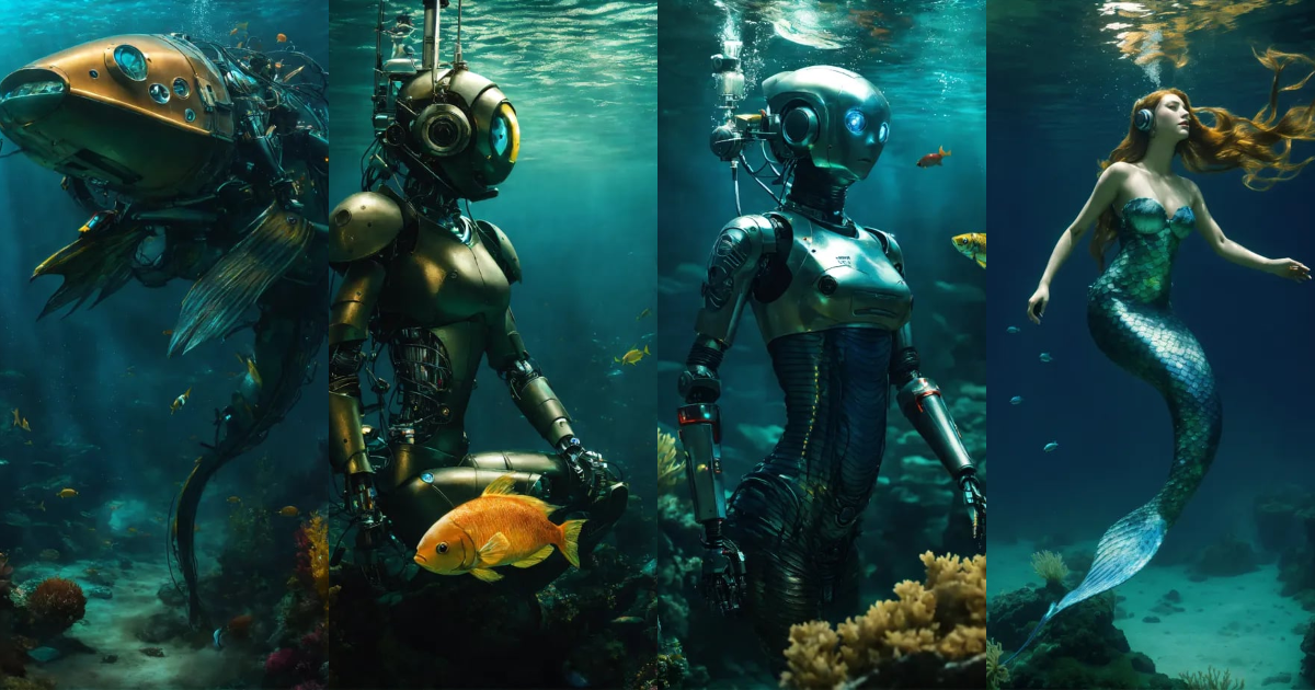 Lexica - A robot mermaid in the bottom of the sea, dark light , whit a ...