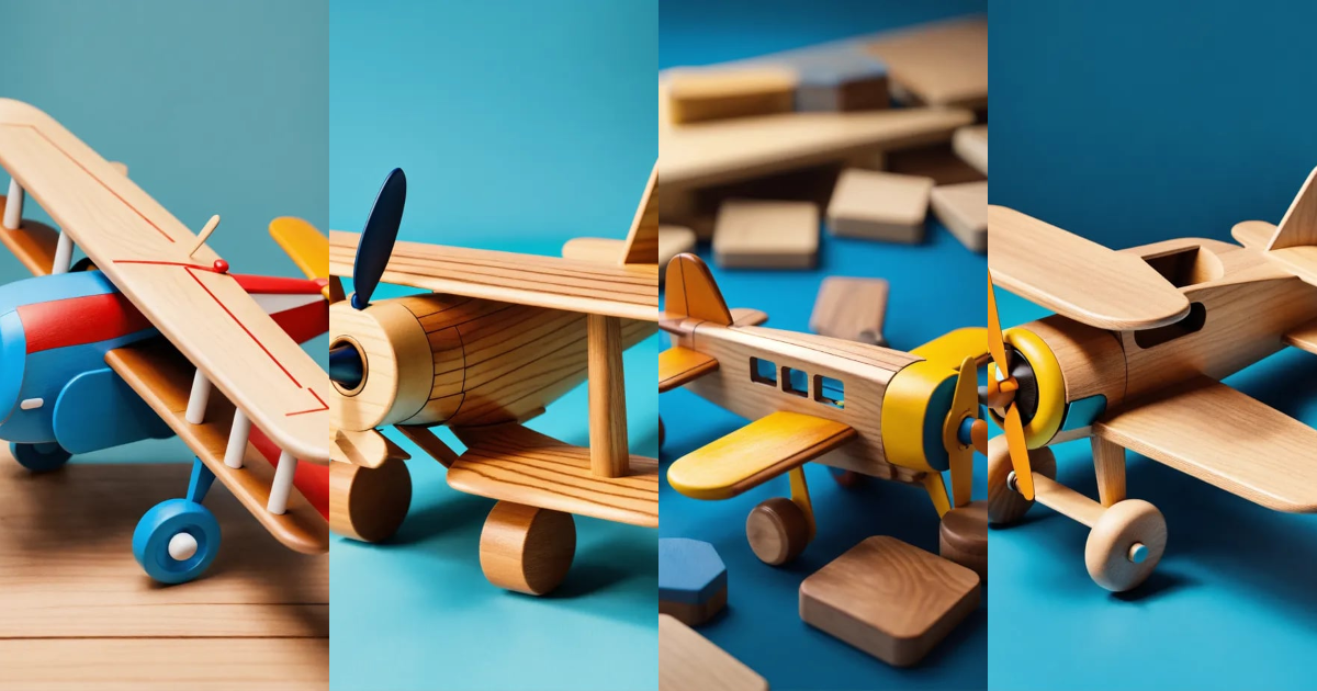 Lexica - A 3d wooden toy airplane sitting on top of a blue background ...