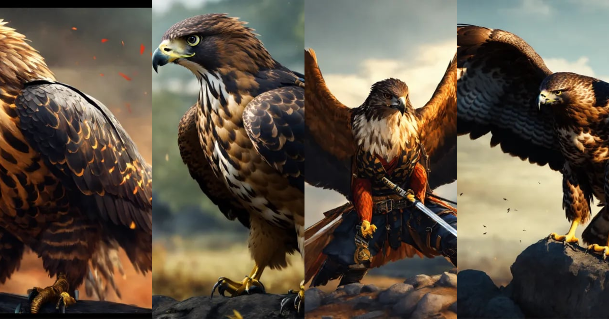 Lexica - Hawk samurai with arms. Battlefield. Hyper realistic.