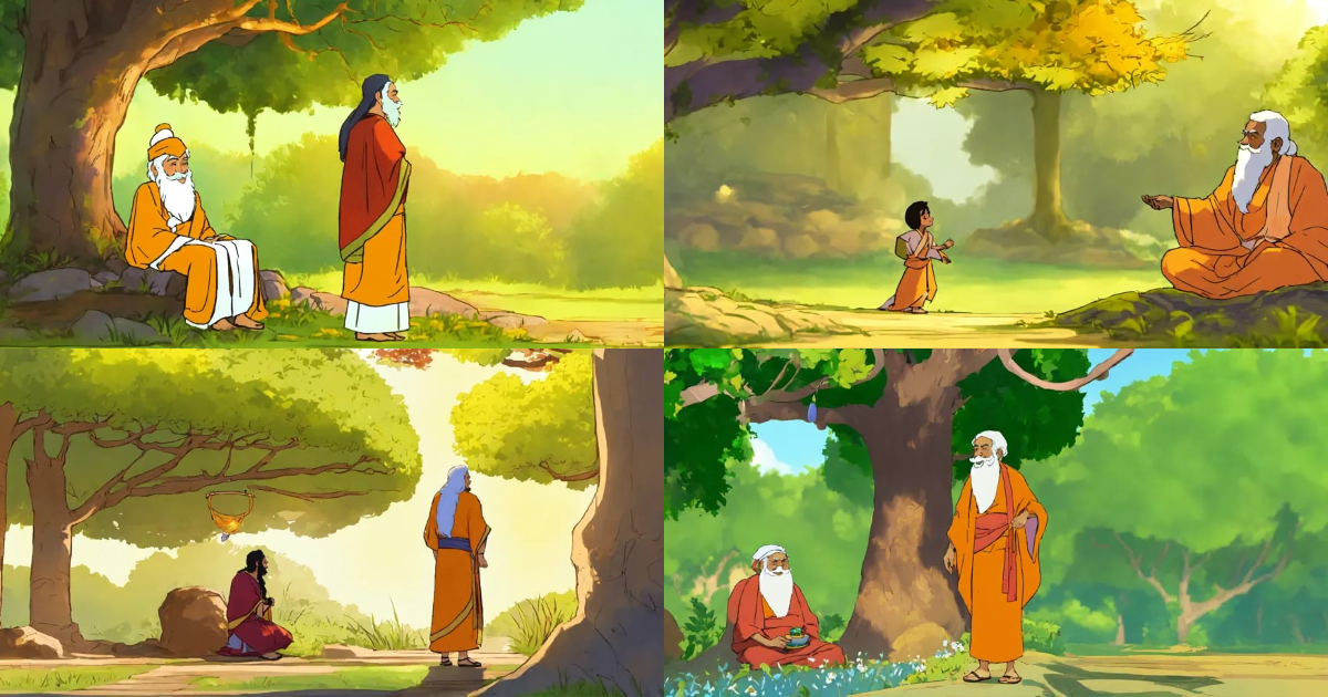 Lexica - An image of Ramu meeting a wise old sage dressed in saffron ...