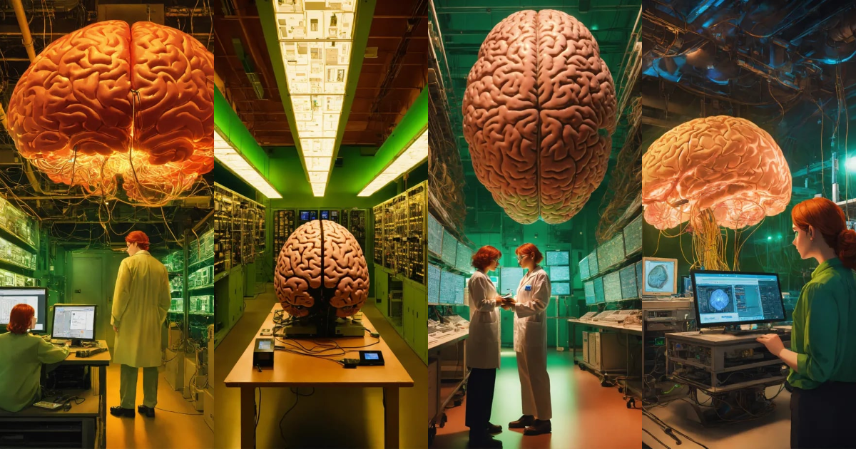Lexica - In the center of the room, a colossal human brain is ...