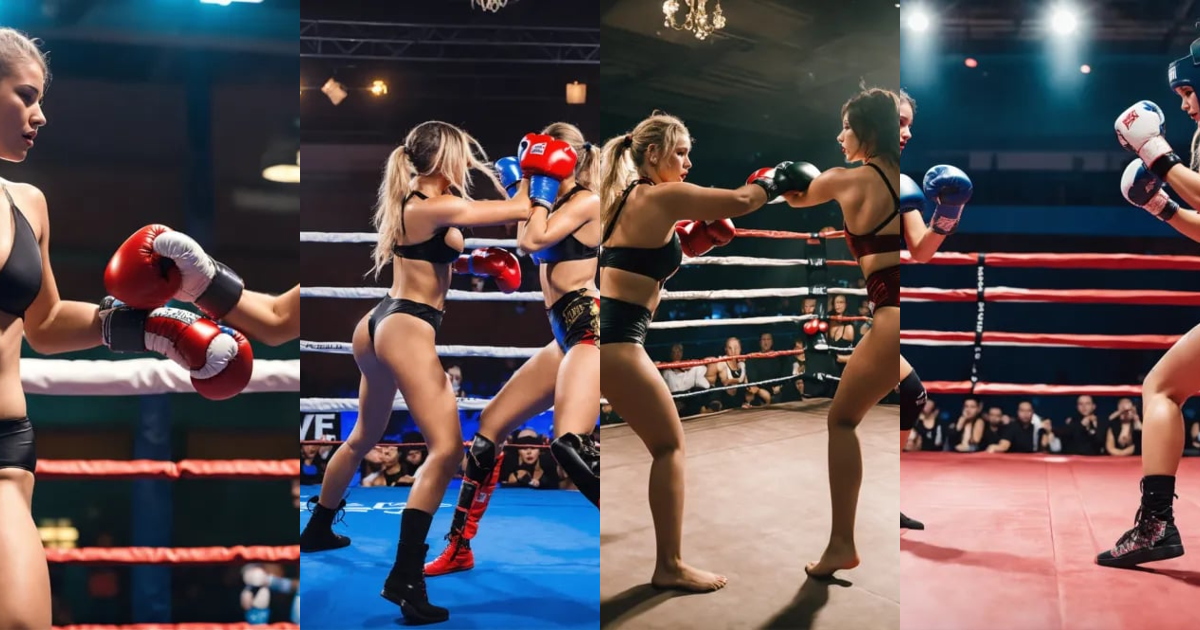 Lexica - Two females, in monokini, 38D cup, fighting in boxing ring
