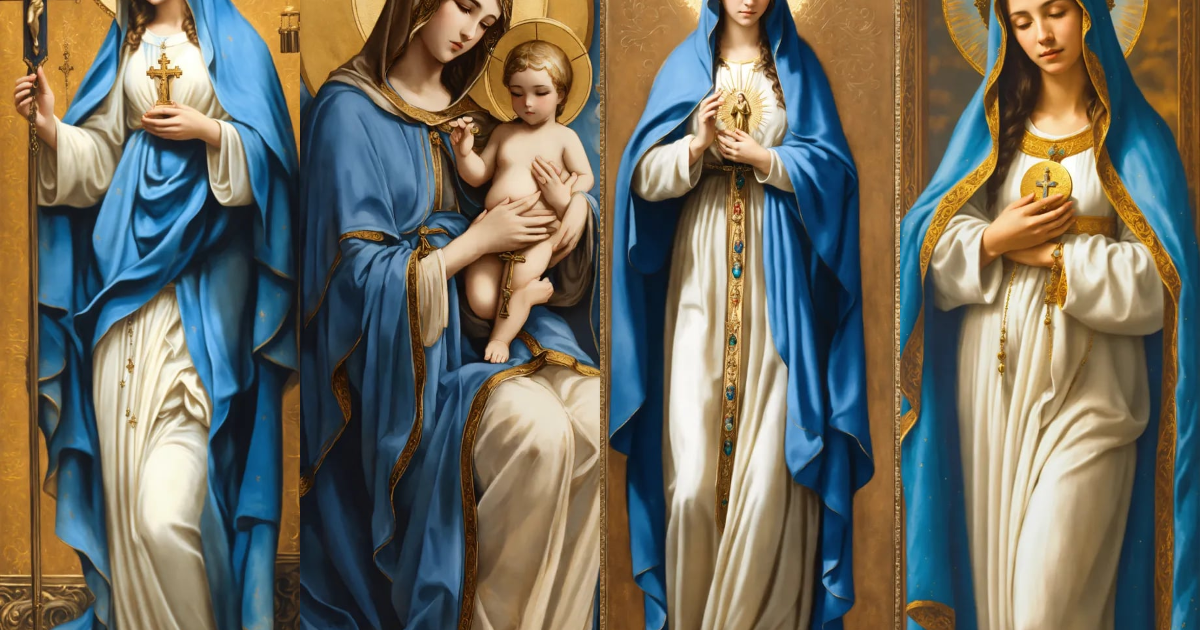 Lexica - A serene portrait of Virgin Mary, cloaked in a heavenly blue ...