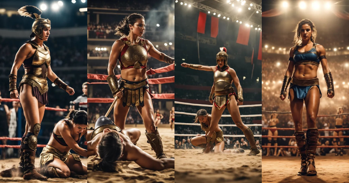 Lexica - Athletic female gladiator standing in triumph in front of ...