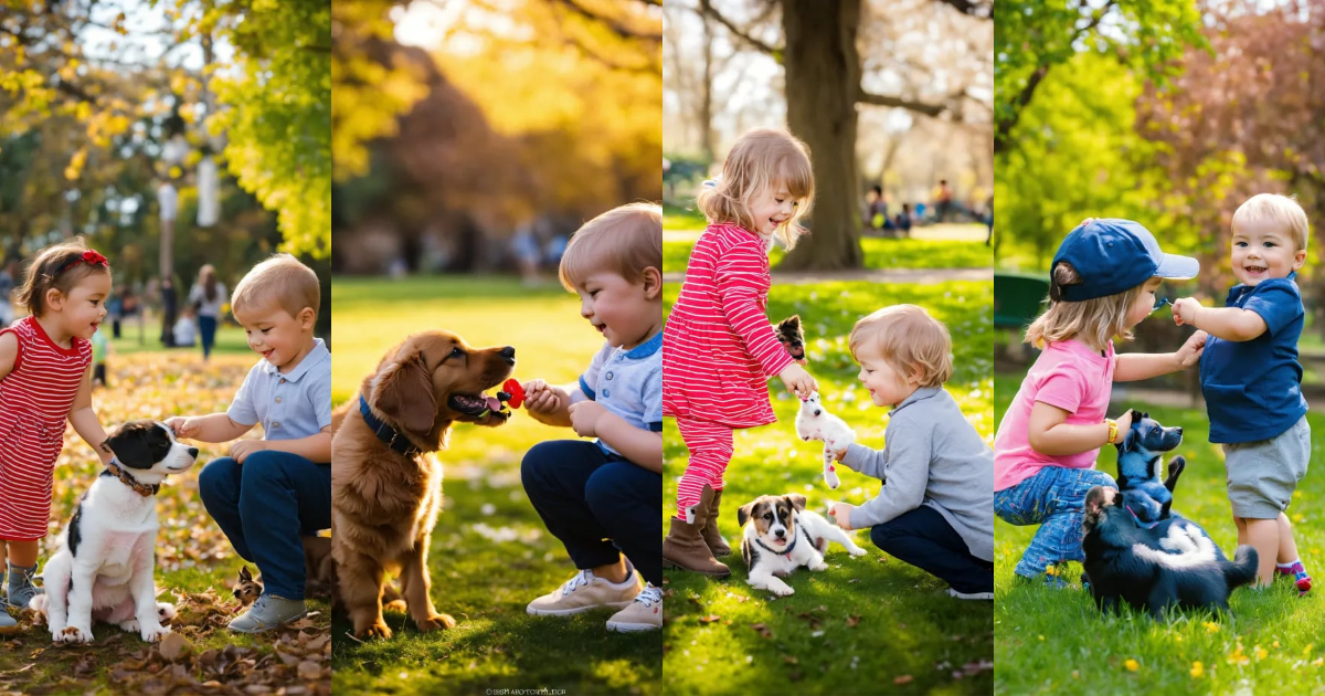 Lexica Lily and Max playing with the puppy in the park