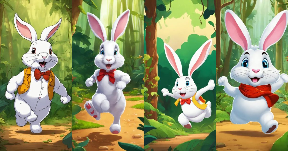 Lexica - Let cartoon big white rabbit run on two legs in jungle