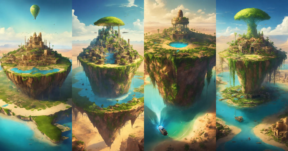 Lexica - A flying island with a city on top in the middle of the desert ...