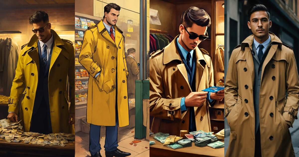 Lexica Trench coat dealer opens his coat and has a lot of illegal
