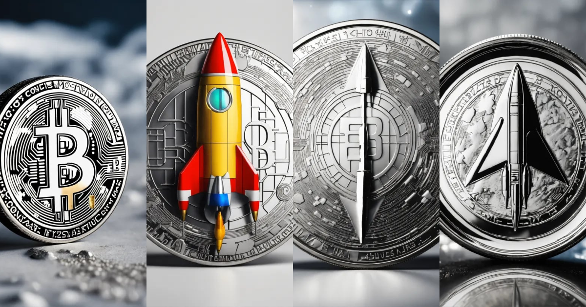 Lexica - Silver crypto coin with a rocket white background