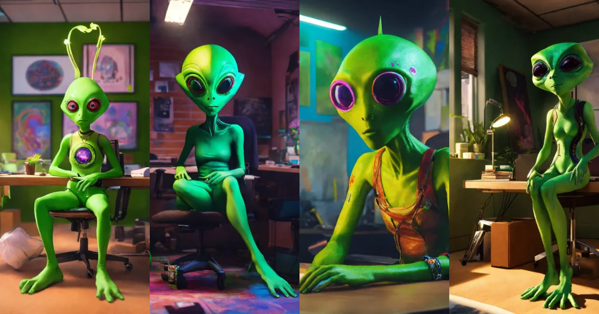 Lexica - Orion, a green alien with human features, sitting in a mundane ...