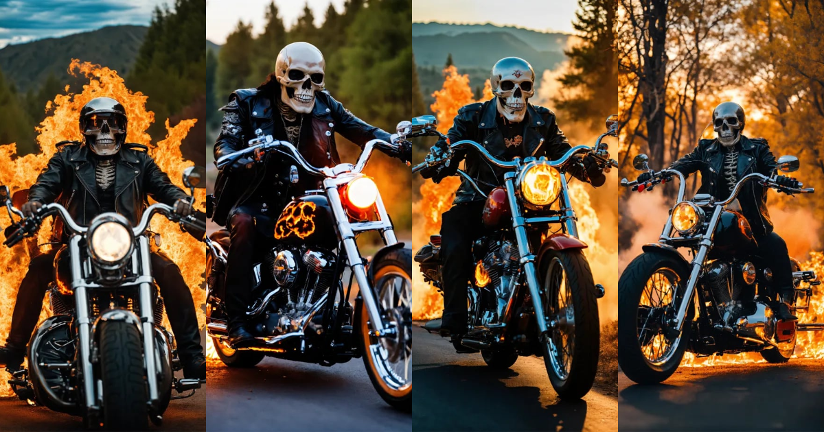 Lexica - Skeleton on fire riding a harley davidson motorcycle, worn ...