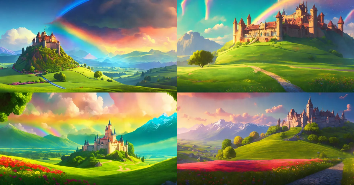 Lexica - Fantasy cartoon landscape with a green field with moutains and ...