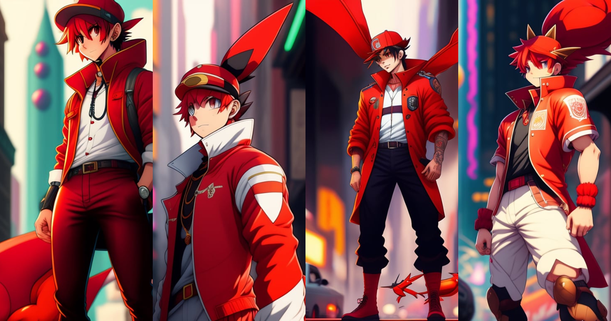 Lexica - A picture of a full body male pokemon trainer in red with a flying  charizard in a neo punk city, color full, highly detailed