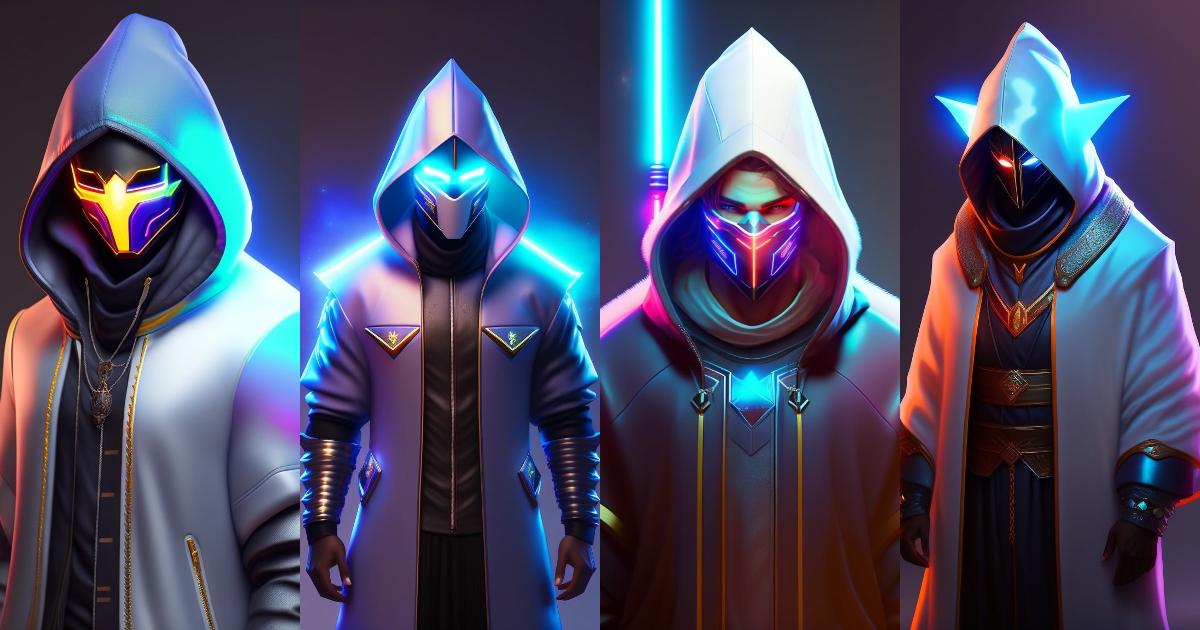 Lexica - Male character, hood, white neon, mask, wizard.