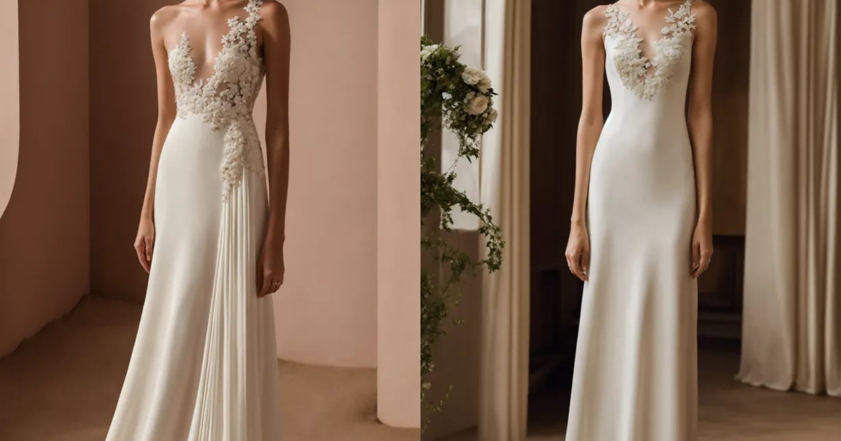 Lexica - Create a realistic photo of a fluid, minimalist wedding dress ...
