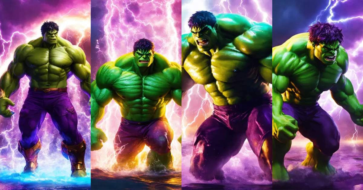 Lexica - Hulk purple gold vs glowing Elecktro god rainbow water ...