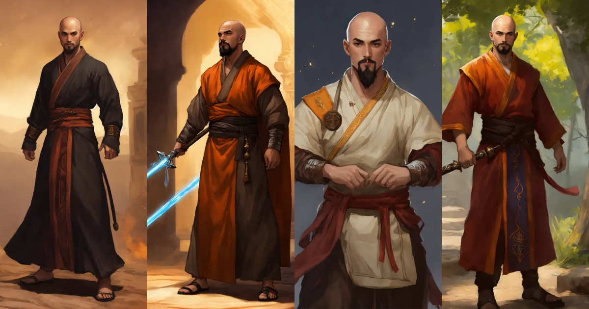 Lexica - D&D male, monk, half robe, black goatee, bald, warrior