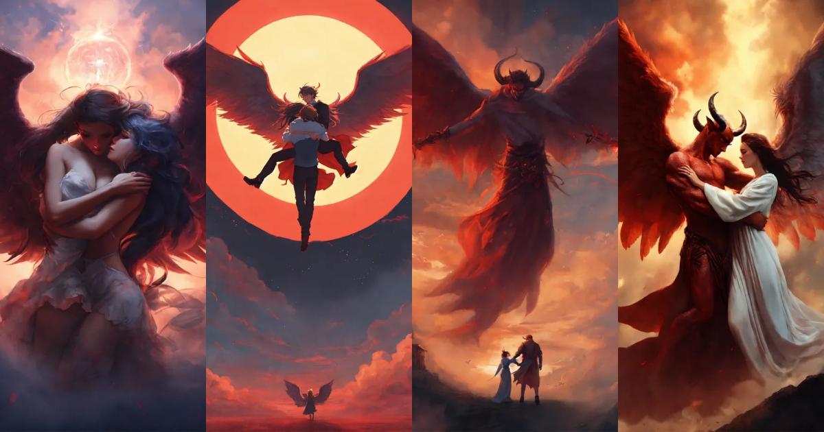 Lexica - Demon hugging an angel, flying, wide shot