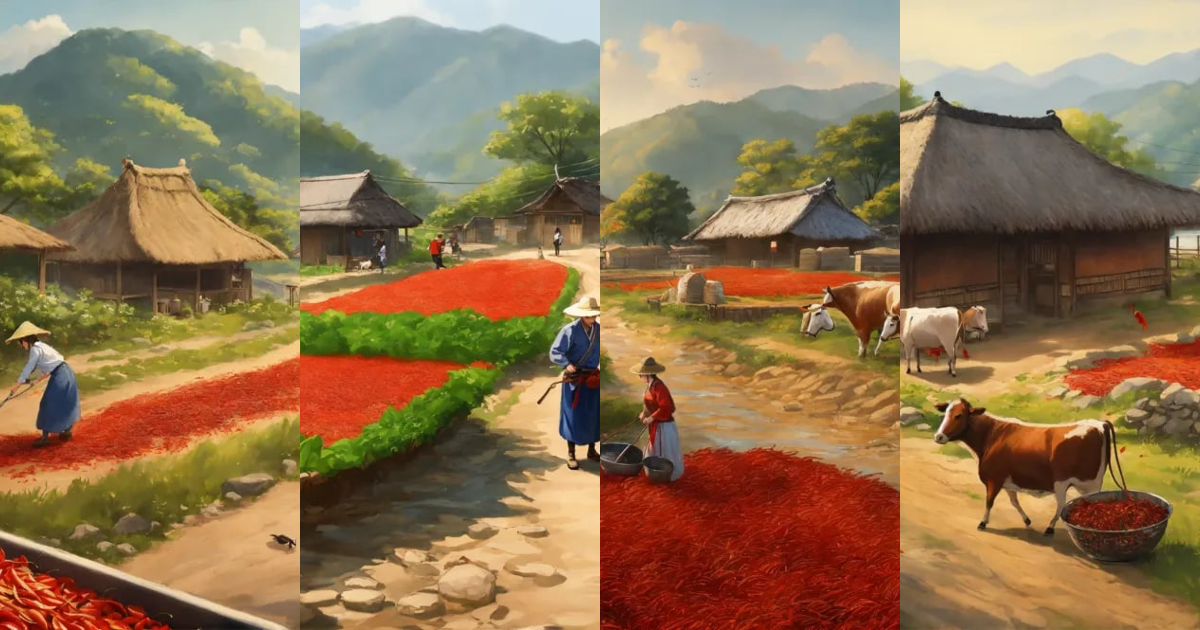 Lexica - A rural landscape in Korea, with thatched huts, a stream, a ...