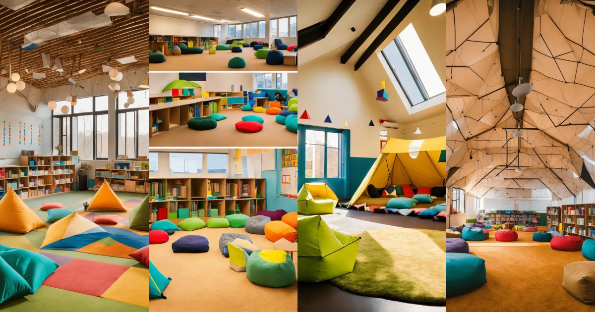 Lexica A classroom with bean bags, a reading nook with sofas, a two