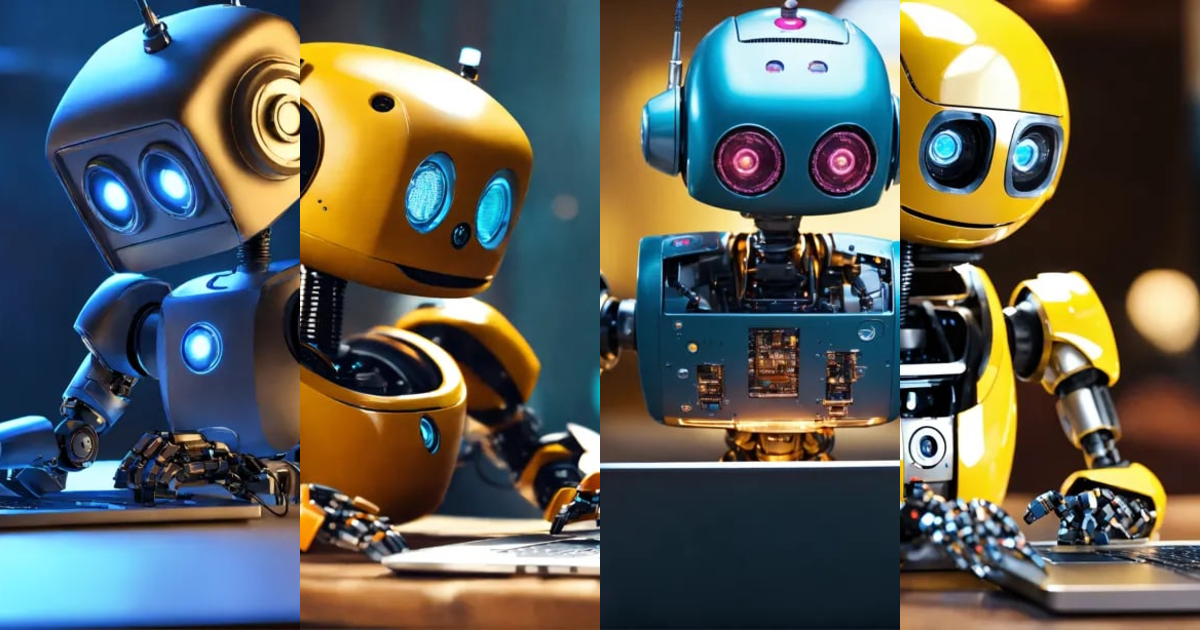 Lexica - Very cute smiling robot working on its laptop in deep focus