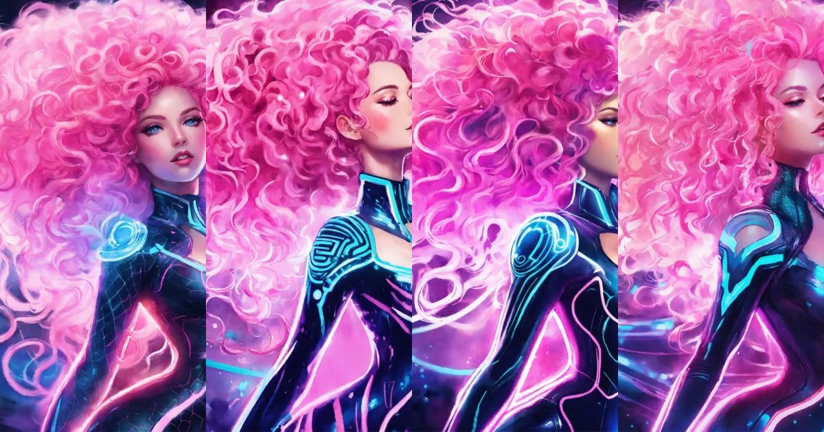 Lexica - Beautiful tron siren, huge curly glowing pink retro hair ...
