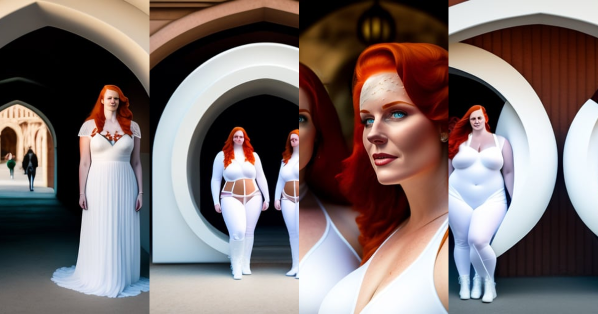 Lexica - two plus size redhead women covered in white body paint standing  in an archway