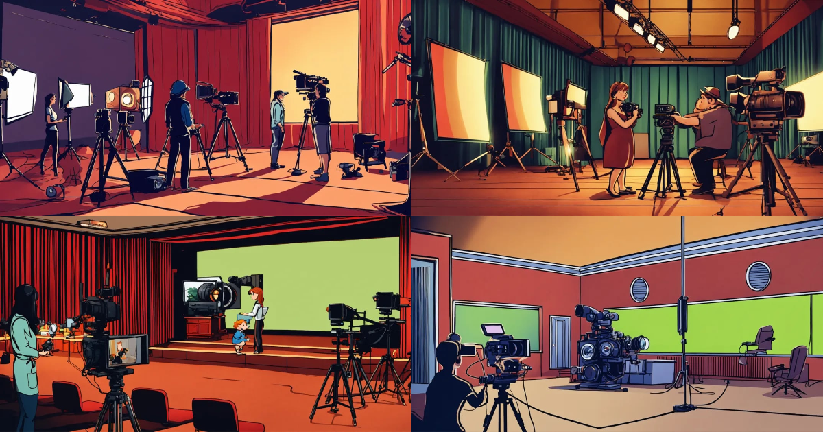 Lexica - A film studio with an actress & cameraman cartoon.