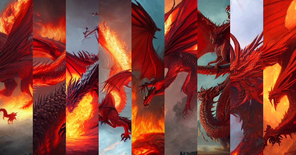Lexica - A red dragon, with phoenix wings and tail, breathing out a ...